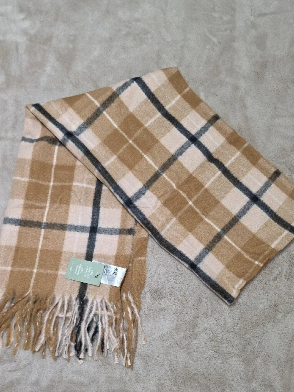 H&M Beige and Black Plaid Fringe Scarf